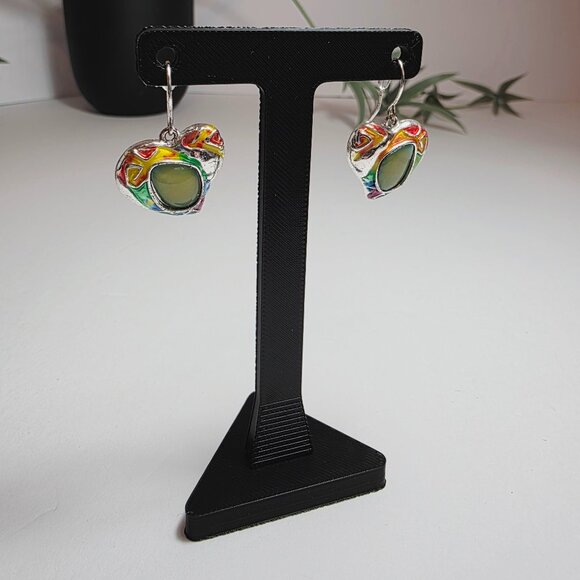 Colorful Enamel Heart Dangle Earrings - Silver Tone - Picture 6 of 8